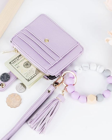 Keychain Wallet with Bracelet RFID Blocking Wristlet Credit Purse Card Holder, Silicone Bead Tassel Key Ring for Women