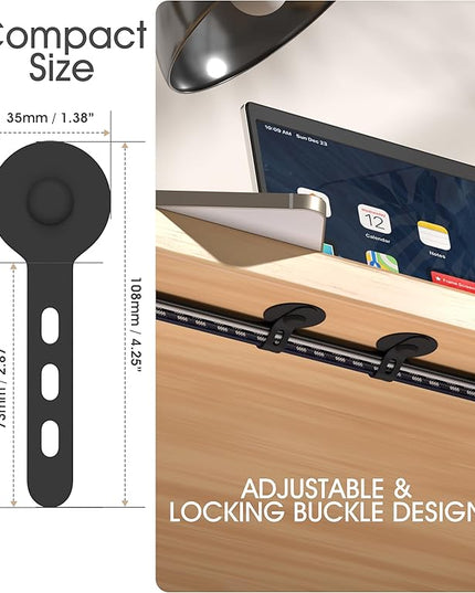 Nearockle Cable Management Under Desk, Adjustable Self-Adhesive Silicone Cable Ties Cord Organizer, Reusable Heavy-Duty Cord Holder Under Table for Office, Home, School (10Pcs-Black)