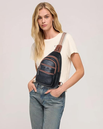 Sling Bag for Women Crossbody Fanny Pack Belt Bag Sling Purse Vegan Leather Trendy Travel Anti Theft Brown/Black