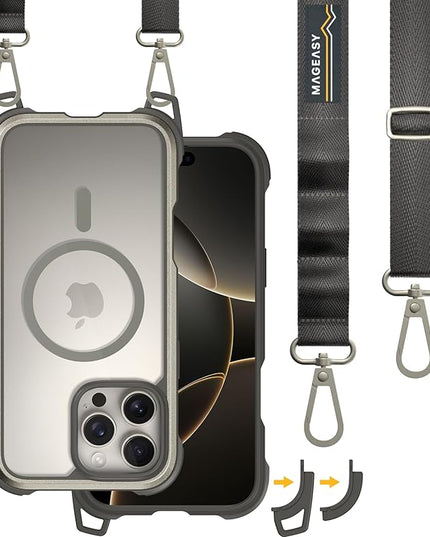 MAGEASY Designed for iPhone 16 Pro Max Case with Strap - 20ft Drop Protection Compatible with MagSafe, Transformable 2-in-1 Protective & Lanyard Case, Aluminum Frame | Odyssey Strap M (Titanium)