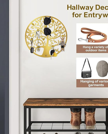 ZULONG Round Decorative Home Key Holder Wall Mount, 2 Pack Metal Tree Car Key Rack for Wall Organizer for Keys, Wallets, Hats, Used for Decor for House Entryway, Kitchen, Garage, Office (12" Gold)