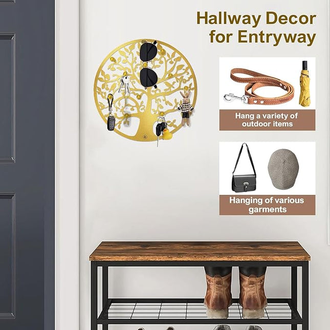 ZULONG Round Decorative Home Key Holder Wall Mount, Metal Tree Car Key Rack for Wall Organizer for Keys, Wallets, Hats, Used for Decor for House Entryway, Kitchen, Garage, Office (12" Gold)