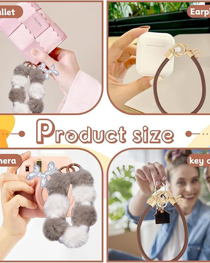 2 Pcs Phone Charm Wrist Strap with Tether Tab, Double Anti Lost Fluff Ball Beaded Wrist Lanyard, Detachable Leather Phone Charms for Bag, Key Chains, Camera Decor