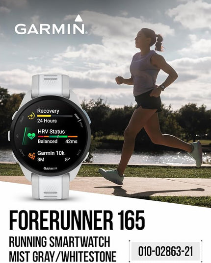 Wearable4U - Garmin Forerunner 165 Running Smartwatch, Colorful AMOLED Touchscreen, Training Metrics and Recovery Insights Includes PowerPack and Adapters Bundle, Mist Gray/Whitestone