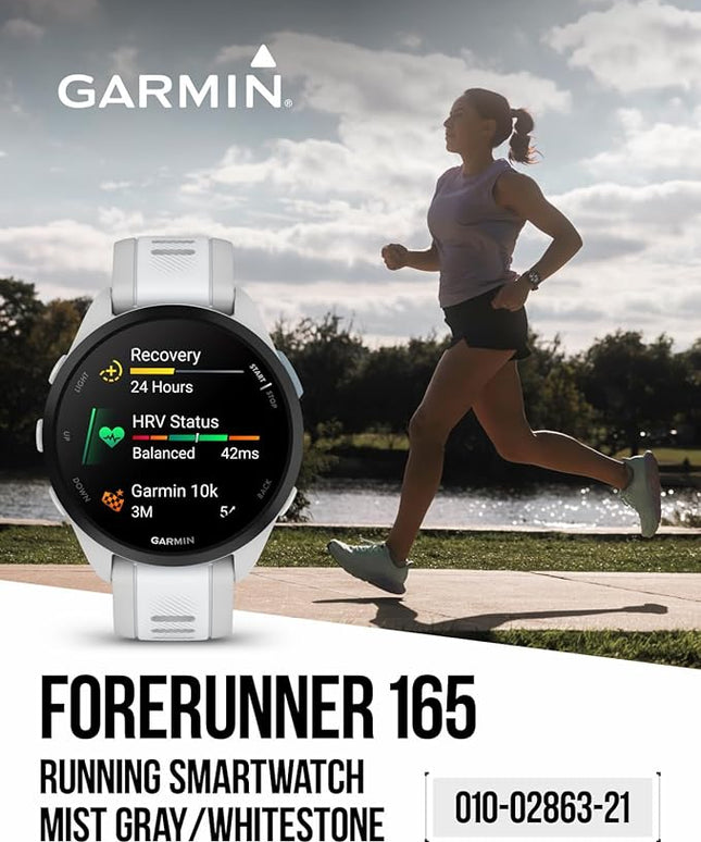 Wearable4U - Garmin Forerunner 165 Running Smartwatch, Colorful AMOLED Touchscreen, Training Metrics and Recovery Insights Includes PowerPack and Adapters Bundle, Mist Gray/Whitestone