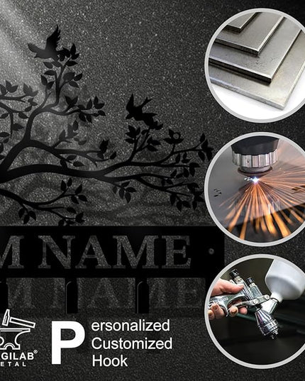 Personalized Custom Name Birds of Trees Wall Key Hooks,Metal Birds of Trees Art Clothes Hooks,Metal Birds of Trees Wall Home Storage Decorative,For Front Door, Hallway, Kitchen, Bedroom(Style B)