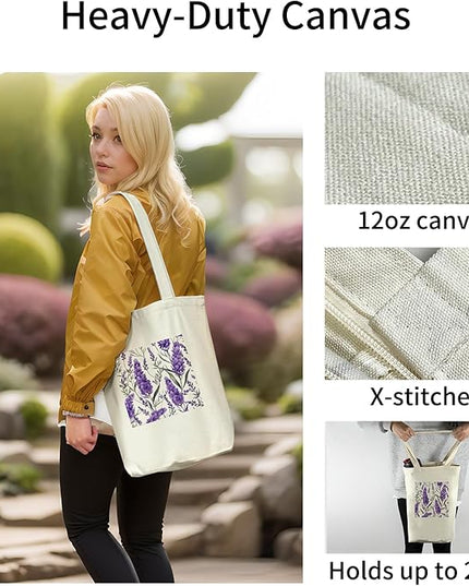 Tote Bag for Women, Reusable Zippered Canvas Bag with Handles Pocket Thick Canvas, for Grocery Shopping Beach Gift