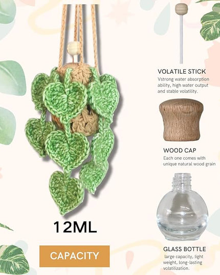 Handmade Crochet Hanging Car Air Freshener- Lifelike Green Pothos for Hanging with 12ml Thick Refillable Glass Diffuser Bottle, Suitable Decor for Car Rearview Mirror, Home & Wellness Spaces