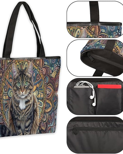 Pardick Canvas Tote Bags, Bohemian Cats Tote Bag Eco Friendly Reusable Grocery Shopping Bagsfor Beach, Books, Women with Zipper Inner Pocket