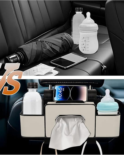 Car Back Seat Organizer with Tissue, Car Seat Back Tissue Box and Storage Hook, Multifunctional Car Organizer for Hold Phone,Drinks,Handbag,Compatible with Most Vehicles (Beige)