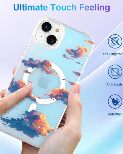 Cute Case for iPhone 14 Plus & iPhone 15 Plus Case for Women Girls [ Compatible with Magsafe ] Aesthetic Girly Glitter Sparkly Bling Protective Phone Cover, Iridescent Sun Set Clouds of Sky