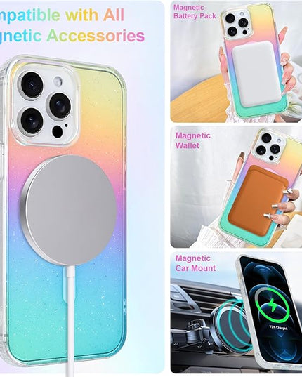 Glitter Case for iPhone 12 & 12 Pro Case for Women Girls [ Compatible with Magsafe ] Clear Cute Girly Aesthetic Iridescent Rainbow Sparkly Bling Magnetic Phone Cover, Gradient Blue & Pink