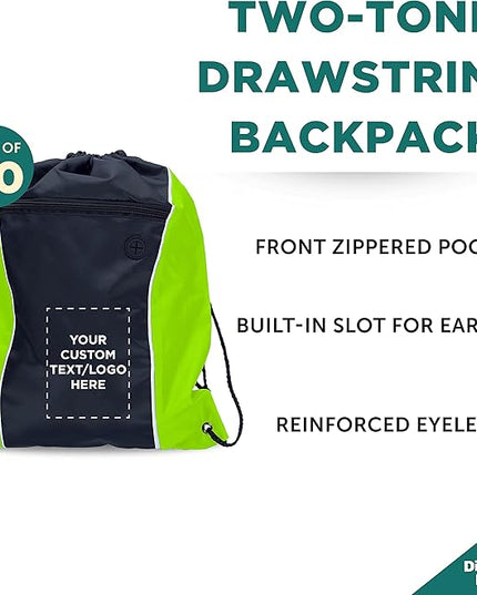 DISCOUNT PROMOS Two-Tone Drawstring Backpack Non-Woven -50 pack - Customizable Text, Logo - Durable Sports Backpacks- Ideal for Work, Sports, Travel, Gym & More - Lime Green