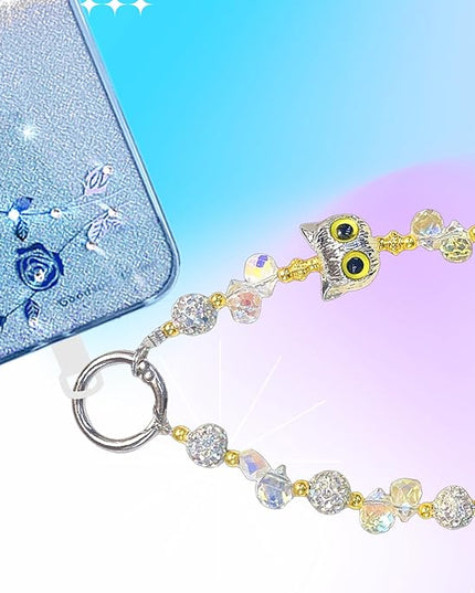 Beaded Phone Wrist Strap for Women with Cute Owl Charm, Anti-Lost Keychain Bracelet Lanyard for Cellphone, Handbag, and Keys (Owl-(Silver)