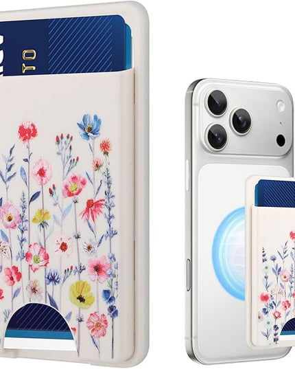 Stronger Magnetic Card Slot Wallet for iPhone 17/16/15/14/13/12 Series (Not for 13/12 Mini), Flower Pattern Hard Card Holder Fit 3 Cards Compatible with Magsafe Accessories, White