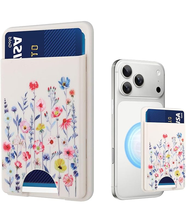 Stronger Magnetic Card Slot Wallet for iPhone 17/16/15/14/13/12 Series (Not for 13/12 Mini), Flower Pattern Hard Card Holder Fit 3 Cards Compatible with Magsafe Accessories, White