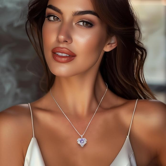 CDE Christmas Gifts for Women Angel Wings Necklace for Women with Birthstone, Love Heart Silver Tone/Gold Tone Pendant, Ideal Anniversary or Birthday Jewelry Gifts for Wife Girlfriend Her