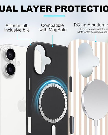 Magnetic for iPhone 16 Plus Case Cute Stripes Phone Case, Shockproof Slim TPU and Hard PC Protective Phone Cover Compatible with MagSafe Designed for Women Girls, Apricot