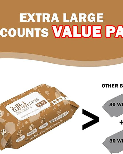 Air Jungles 3in1 Leather Cleaner Wipes 70 Count (Pack of 3), Extra Large 8" x 10" Size, Clean Condition Protect Wipes for Vinyl and Leather Apparel Furniture Auto Car Interior Shoes Boots Bags