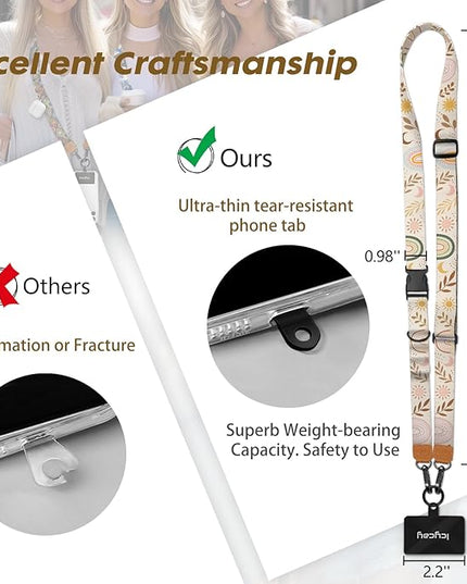 Phone Lanyard Crossbody, Boho Rainbow Cell Phone Strap for Around The Neck Adjustable, Leaf Sun Moon Teacher Anti Theft Cute Lanyard for iPhone Case ID Holder Keys Accessories Travel Essential