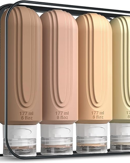 Travel Bottles for Toiletries, Large 6oz Oversize Containers, BPA Free Leak Proof Tubs Refillable Liquid Traveler Accessories with Toiletry Bag for Cometic Shampoo and Lotion Soap (4 Pack)