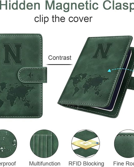 Personalized N Passport Holder Cover Initial Letter Travel Wallet RFID Blocking Passport Cover Credit Card Holder Case Passport Book Holders for Women and Men, Pine Green-N