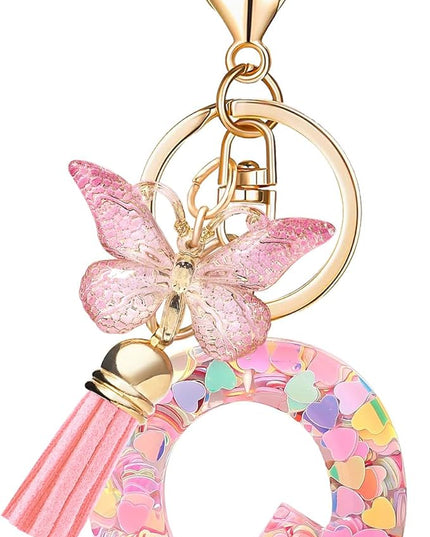 Fashion Alphabet Initial Letter Keychain Tassel Butterfly Pendant Key Ring for Purse Handbags Women Girl