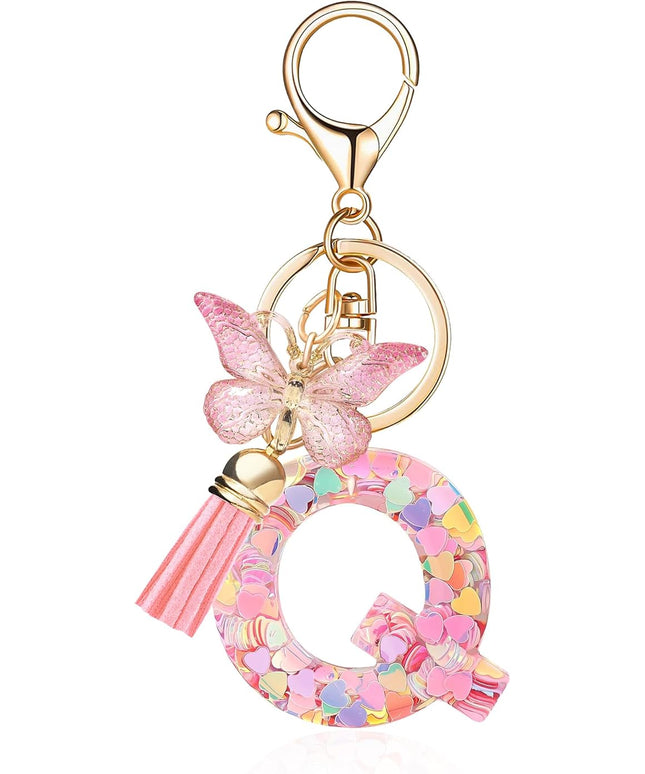 Fashion Alphabet Initial Letter Keychain Tassel Butterfly Pendant Key Ring for Purse Handbags Women Girl