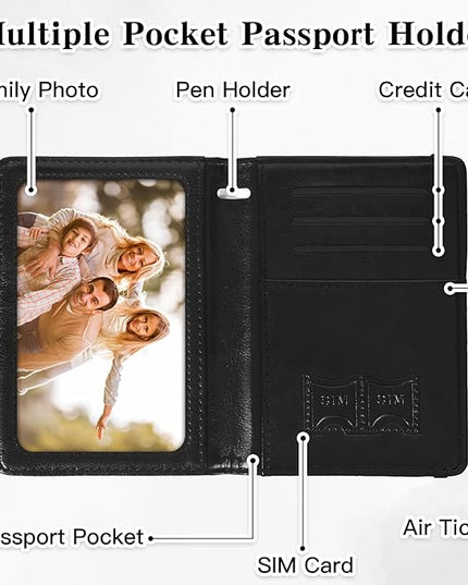 Passport Holder for Travel, RFID Blocking Passport Cover with Pen Holder Leather Passport Wallet Case Travel Must Haves Accessories Passport Book Card Holder for Family Travel Essentials Gifts, Black