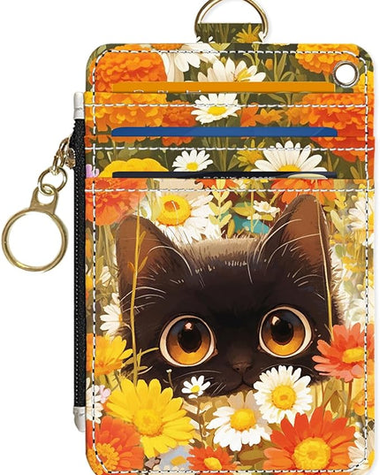 Slim Wallet Credit Card Holder, Cat and Yellow Flower, RFID Wallet Women Cute Small Front Pocket Wallet With Zipper, PU Leather Thin travel RFID Blocking Card Case ID Window,Ladies Gifts