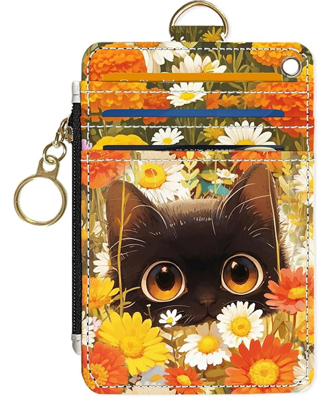 Slim Wallet Credit Card Holder, Cat and Yellow Flower, RFID Wallet Women Cute Small Front Pocket Wallet With Zipper, PU Leather Thin travel RFID Blocking Card Case ID Window,Ladies Gifts