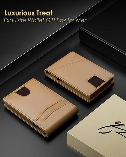 QLD Wallet for Men - RFID Blocking [Functional & Practical] Bifold Slim Minimalist Credit Card Holder Pop Up Metal Case with Cash Slot Front Pocket with ID Window, Gift Boxed (Brown)