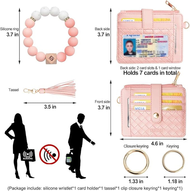 COOLANS Silicone Bracelet Wristlet Wallet Credit Card Holder RFID,ID Window,Key Ring Tassel,Slim Wallet Women Keychain Purse
