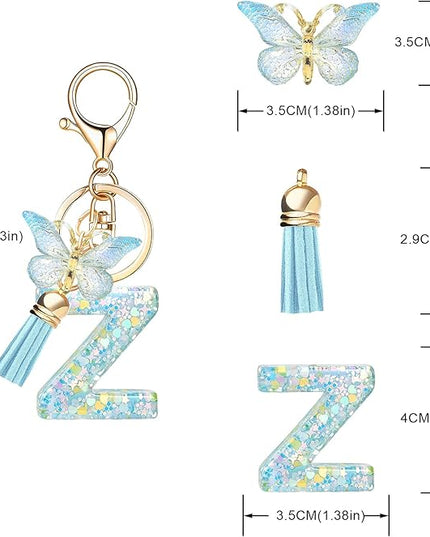 Fashion Alphabet Initial Letter Keychain Tassel Butterfly Pendant Key Ring for Purse Handbags Women Girl