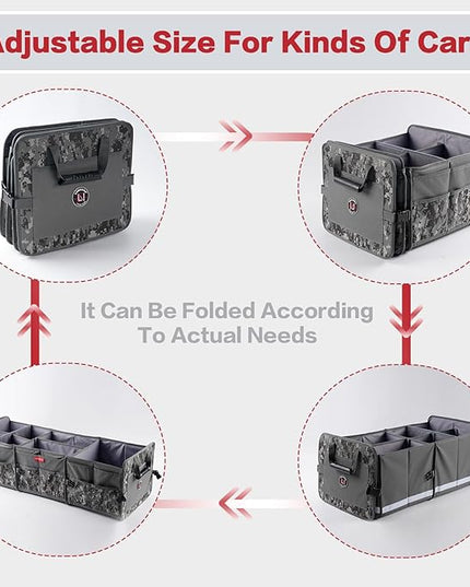 LIBZAKI Car Trunk Organizer,3 Compartments Big Trunk Storage, Large Capacity, Foldable, 95L Heavy Duty Storage Box for Car, SUV, Truck,Jeep, Includes 26L Cooler Bag -Gray Camouflage