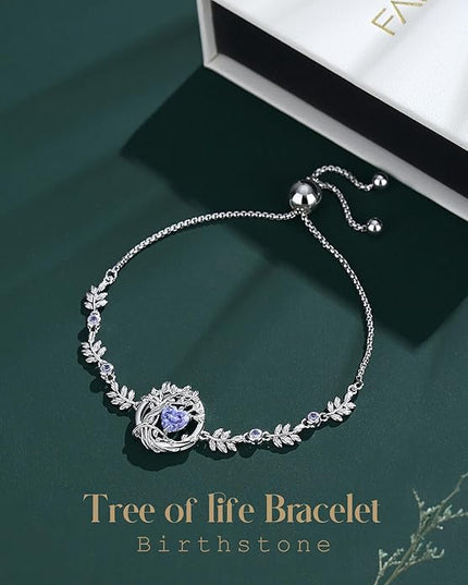 FANCIME Tree of life Birthstone Bracelet for Women Sterling Silver Tree Jewelry Birthstone Charm Bracelet Gemstone Anniversary Birthday Christmas Gifts for Wife Mom Her