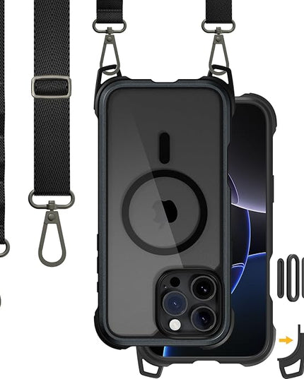 MAGEASY Designed for iPhone 16 Pro Max Case with Strap - [Camera Control Button Coverage] 20ft Ultimate Drop Protection Compatible with MagSafe, Aluminum Frame | Odyssey Strap M (Metal Black)