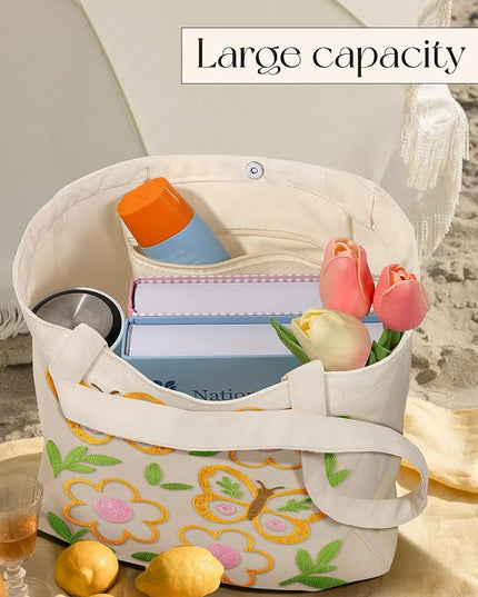 Embroidery Canvas Tote Bag for Women - Reusable Totes with Pocket & Buckle Aesthetic Cute Grocery Shoulder Bag