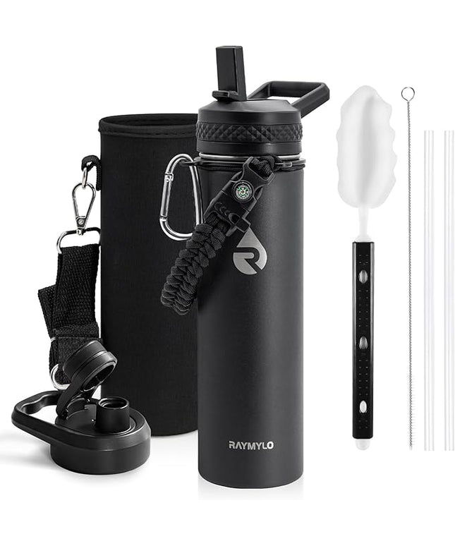 Insulated Water Bottle 20 oz, Triple Wall Vacuum Stainless Steel (Cold for 48 Hrs), Leak Proof & Non-BPA, Kids Water Bottle Jug for School with Straw Spout Lids, Magic Black