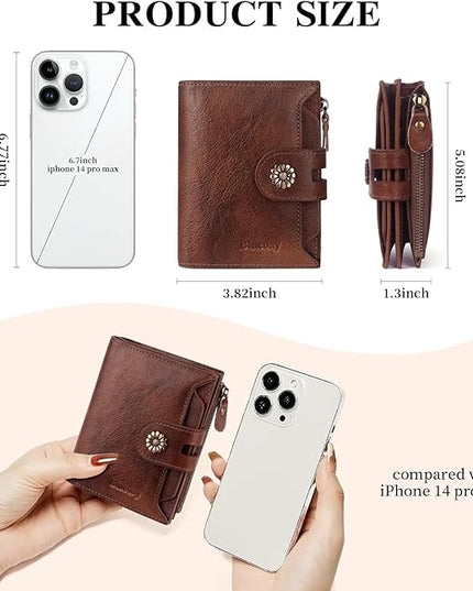 Blucoay Wallet Women,RFID Blocking Womens Wallet,Real Leather Bifold Compact Small Wallet for Women Card Holder with Zip Coin Pocket(Darkcoffee)