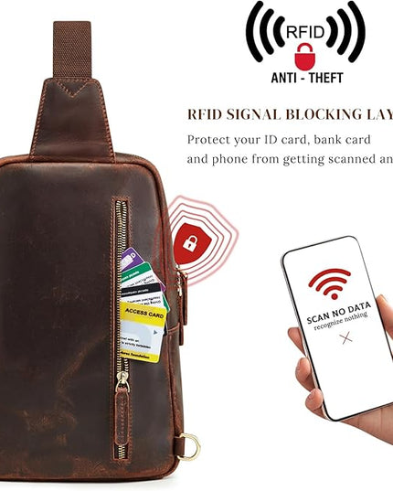 S-ZONE Sling Bag for Men Women RFID Blocking Genuine Leather Crossbody Shoulder Bag Backpack Hiking Daypack Travel