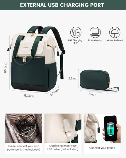 LOVEVOOK Laptop Backpack for Women, 15.6 Inch Work Laptop Bag with USB Port, Fashion Teacher Nurse Backpack Purse, Waterproof Travel Computer Backpack with Organizer Bag, 2PCS, Beige-Green