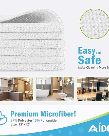 AIDEA Microfiber Cleaning Cloth-12PK, Soft Microfiber Towels for Cars, Absorbent Cleaning Rags, Lint-Free Streak-Free Wash Cloths for House, Kitchen, Window(12in.x12in), White