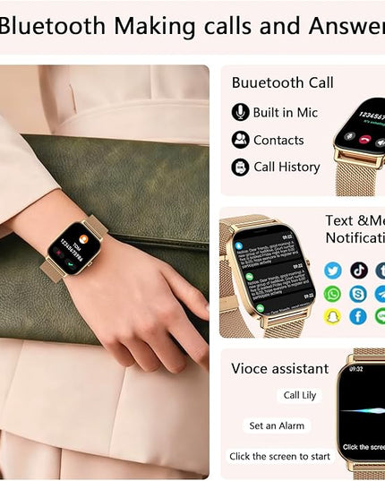 Smart Watch for Women Android/iPhone: Fitness Tracker Smart Watches Answer/Make Call IP68 Waterproof 1.85" Smartwatch Activity Pedometer Heart Rate SpO2 Monitor 120+ Sports Model Gold Womens Watches