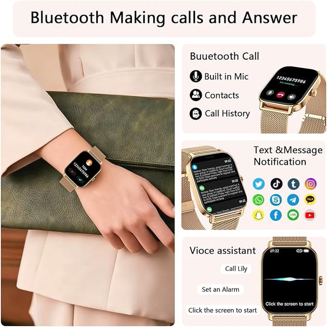 Smart Watch for Women Android/iPhone: Fitness Tracker Smart Watches Answer/Make Call IP68 Waterproof 1.85" Smartwatch Activity Pedometer Heart Rate SpO2 Monitor 120+ Sports Model Gold Womens Watches