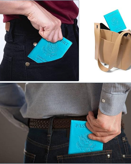 Passport Holder Cover Wallet Case RFID Blocking Leather Card Slot Travel Accessories Documents Organizer Protector for Women Men, Sky Blue