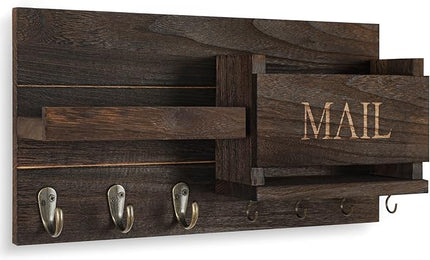 Lwenki Mail Organizer for Wall Mount – Key Holder with Shelf Includes Letter Holder and Hooks for Hallway Farmhouse Decor – Rustic Wood with Flush Mounting Hardware (16.5” x 9.1” x 3.4”) (Brown)