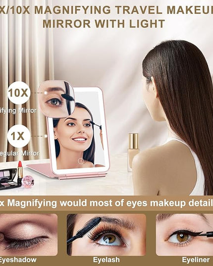 LED Foldable Travel Makeup Mirror - 5x7 inches 3 Colors Light Modes USB Rechargeable Touch Screen, Portable Tabletop Cosmetic for Travel, Cosmetic, Office (Rose Gold)