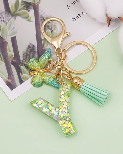 Fashion Alphabet Initial Letter Keychain Tassel Butterfly Pendant Key Ring for Purse Handbags Women Girl