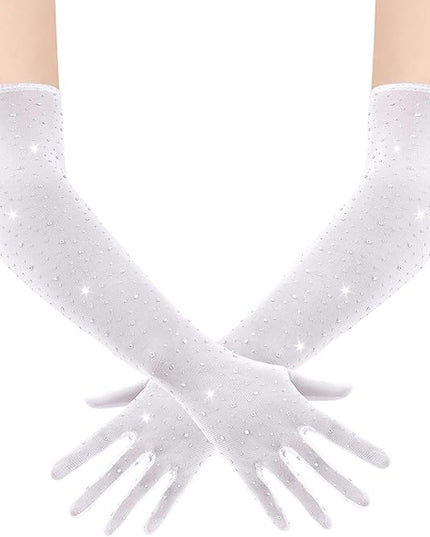 BABEYOND Mesh Gloves for Women - Long Rhinestone Tulle Sheer Sparkly Elbow Length Stretchy Accessory for Opera Party